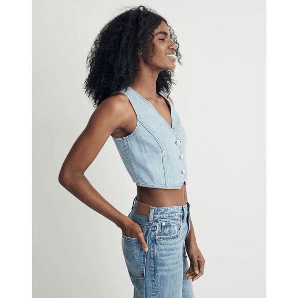 Madewell Jackets & Blazers - Madewell Eldamere Wash Blue Cotton-Hemp Denim Katrina Crop Vest Top Women's 6
